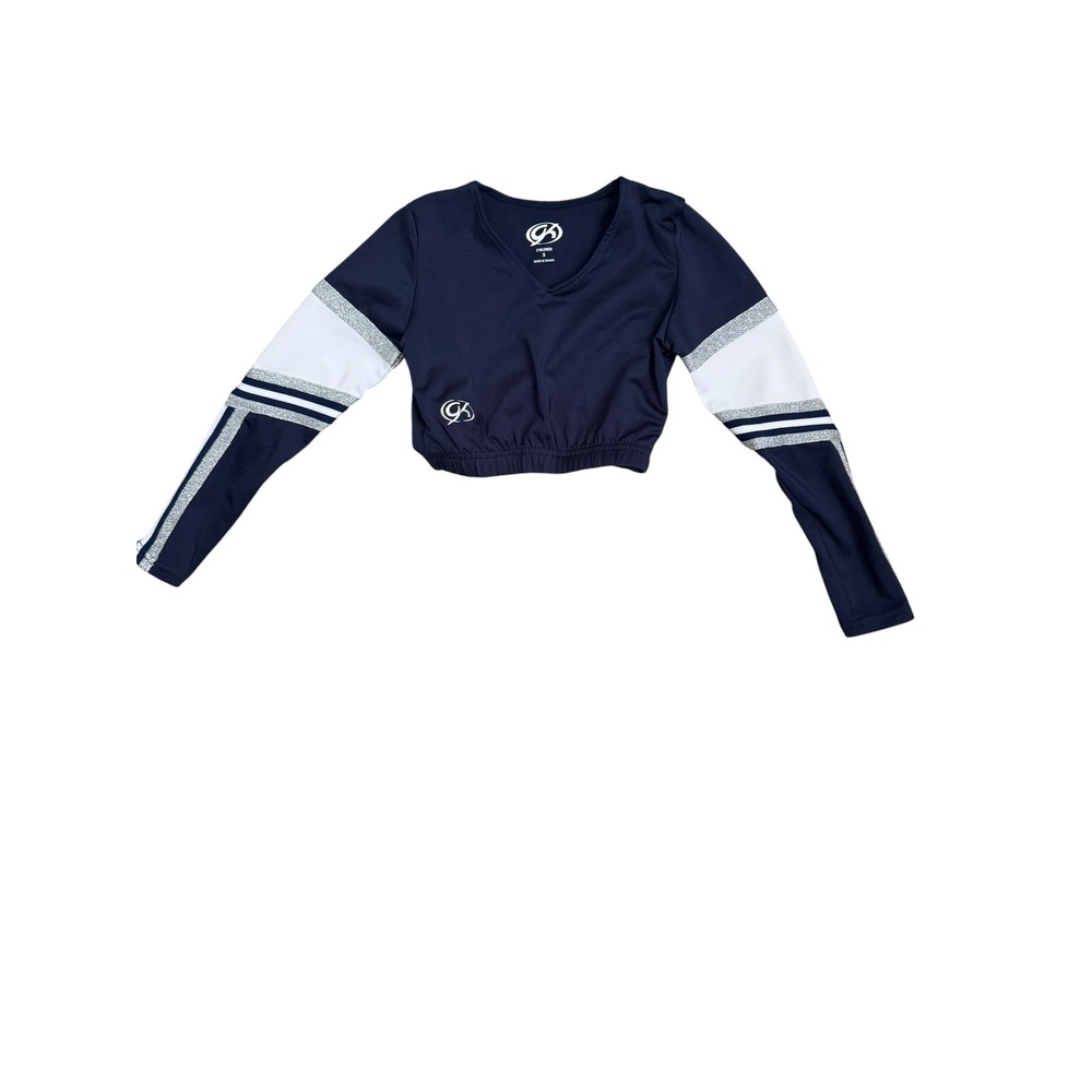 GK Elite Navy Blue White Silver Glitter Stripe Cheer Crop Top Girls Small S